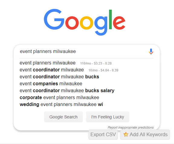 Google results for event planners Milwaukee search