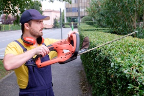 Landscaper trimming hedge in Milwaukee