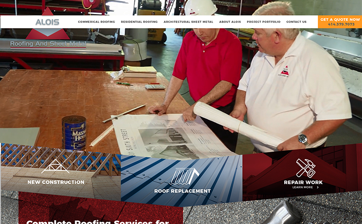 Screenshot example of Alois Roofing and Sheet Metal website home page