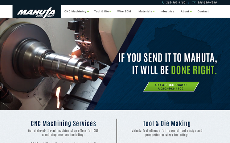 Screenshot of Mahuta Tool Corp. website's Home Page designed by iNET-Web.